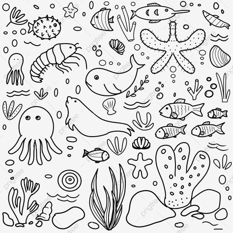 Under Water Doodle, Ocean Doodle Art, Under The Sea Doodles, Doodle Ocean, Ocean Doodles, Blue Doodles, Sea Drawing, Tree Doodle, Doodle Png