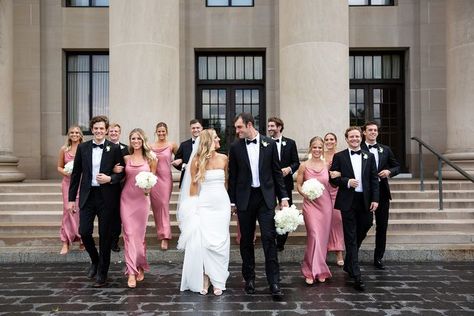 Black Tux Pink Bridesmaid, Pink Bridesmaid Dresses And Black Suits, Men’s Suits Wedding Groom, Black Tux With Light Pink Tie, Baked Rose Bridesmaid Dresses, Pale Pink And Black Wedding, Pink Black Tie Wedding, Blush Pink And Black Wedding Bridesmaid Dress, White Black And Pink Wedding