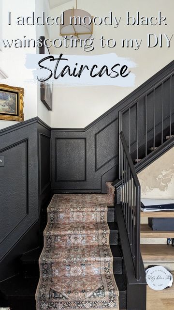 Beadboard Up Stairway, Staircase Chair Rail Ideas, Builder Grade Stair Makeover, Wayne Scotting Staircase, Wayne’s Coating Stairs, Black Stair Wall, Wainscoting Up Staircase, Stair Railing Update, Interior Handrail Ideas