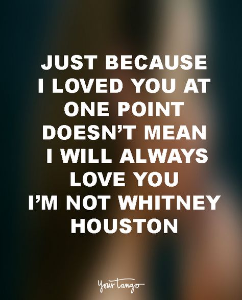 "Just because I loved you at one point doesn’t mean I will always love you. I’m not Whitney Houston." — Unknown Bitter Quotes, Breakup Quotes Funny, Domino Kirke, Bitterness Quotes, Af Quotes, Single Quotes Funny, Stay Strong Quotes, Single Quotes, Because I Love You