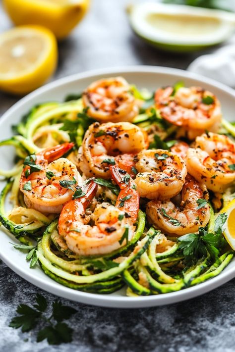 Grilled shrimp served on a bed of zucchini noodles with lemon wedges. Shrimp With Zoodles Recipe, Shrimp Scampi Zucchini Noodles, Zoodles And Shrimp, Shrimp Scampi With Zoodles, Shrimp Zucchini Recipes, Shrimp Scampi Zoodles, Light Pasta Recipes, Zoodles Recipe, Easy Holiday Side Dishes