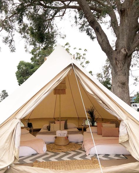 4m Bell Tent Interior Ideas, Glamping Cabin Ideas, Backyard Tent Ideas, Bell Tent Interior, Kmart Style, Camping Inspo, Glamping Inspiration, Bell Tent Glamping, Glamour Camping