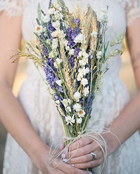 Dried flowers make beautiful wedding bouquets and decor, and the best part is that they can be made in advance to take the stress of the wedding day away, and then they can be kept and displayed in the couple's home as a beautiful memory of their special wedding day.  This bouquet is made with Dried Wheat, Dried Ammobium, and Dried Dark Blue Larkspur.  All of these items are available in our store so you can create a bouquet!  #driedflowers #driedplants #flow Lavender Wedding Bouquet, Unique Wedding Bouquet, Summer Wedding Bouquets, Vintage Lace Weddings, Lavender Bouquet, Rustic Wedding Bouquet, Rustic Bouquet, A Bouquet Of Flowers, Lace Wedding Dress Vintage