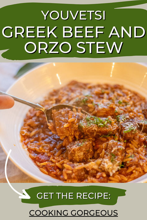 a classic Greek stew, made with tender beef or lamb and orzo pasta, and is cooked in a rich tomato sauce infused with spices. Lamb And Orzo, Beef And Orzo, Greek Beef Stew, Greek Beef, Greek Homes, Lamb Casserole, Sunday Dinner Recipes, Slow Cooked Lamb, Sunday Recipes