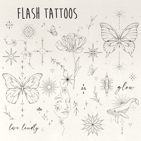 Spiritual Tattoo Flash Sheet, Dainty Tattoo Flash Sheet, Tattoo Ideas Female Ribcage, Small Tattoo Sheet, Dainty Earthy Tattoos, Tattoo Sheets Ideas, Butterfly Flash Sheet, Fine Art Tattoo Ideas, Fine Line Flash Sheet