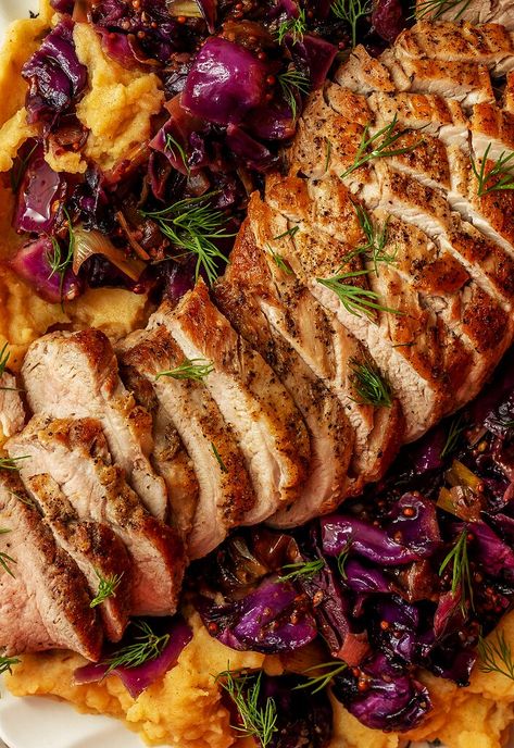 Pork Tenderloin With Roasted Vegetables, Pork And Red Cabbage Recipes, Pork Tenderloin With Cabbage, Pork Roast With Cabbage, Pork Cabbage Recipes, Cabbage And Pork Recipes, Pork Tenderloin And Cabbage, Pork Tenderloin Meals, Baked Pork Cutlets