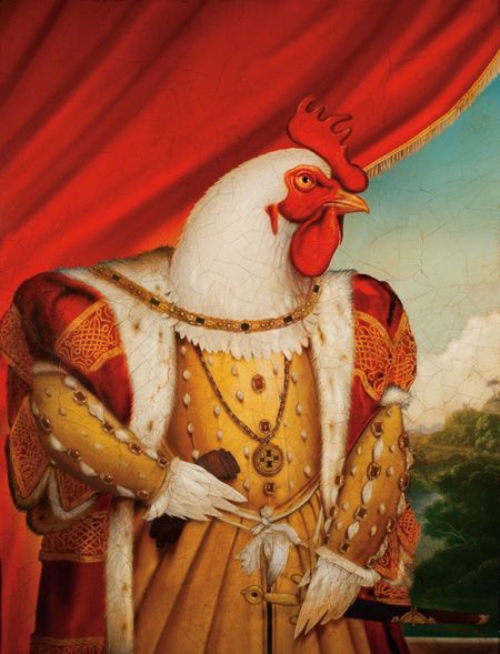 Chicken King | TIM O’BRIEN: THE CHICKEN KING Drunken Chicken, King Painting, Chicken Painting, Commemorative Stamps, Chicken Art, Surrealism Painting, Creative Illustration, Portraits From Photos, The Chicken