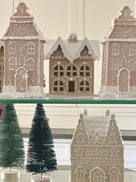 Easy and Inexpensive DIY Paper Mache Gingerbread Houses | Life at Bella Terra Paper Gingerbread Houses, Gingerbread Paper House, Gingerbread Village Diy, Clay Gingerbread House Diy, Paper Mache Gingerbread House, Diy Fake Gingerbread House, How To Do Paper Mache, Gingerbread Village Cardboard, Diy Clay Gingerbread House