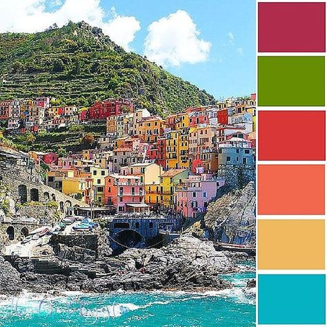 Color Inspiration for Interior Design & Branding Mood Board  My Color Inspiration blog will have you dreaming of The Mediterranean! The coast of Cinque Terre Italy to be exact! Image by @kevinandamanda. Italian Color Palette, Mediterranean Color Scheme, Mediterranean Color Palette, Fishing Town, City And Colour, Italian Coast, Cool Color Palette, Colorful Houses, Paint Color Schemes