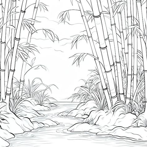 Bamboos swaying in the wind coloring boo... | Premium Vector #Freepik #vector #scenery #pond #environment #stream Bamboo Tree Drawing, Bamboo Forest Drawing, Japanese Coloring Pages, Vector Scenery, Bamboo Sketch, Waterfall Sketch, Bamboo Forest Japan, Bamboo Drawing, River Drawing