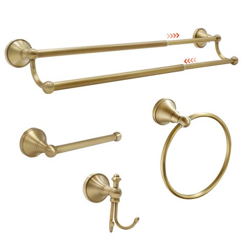 PRICES MAY VARY. Brass Bathroom Towel Bar Set - Include 16" to 27.7" Adjustable Antique Brass Double Towel Bar x 1, Toilet Paper Holder x 1, Towel Ring x 1 and Double Robe Hook x 1. Brass Material - Not cheap steel with color coating. So the color never fades and the product is more solid and rust-resistant. Antique Brass Finish - It makes the bathroom hardware rust-proof, tarnish & scratch resistant in daily usage. The special finish makes the entire bathroom look so gorgeous and luxurious. Cus Antique Brass Bathroom Hardware, Bathroom Towel Bar Placement, Gold Vintage Bathroom, Towel Bar Placement, Bathroom Vanity Hardware, Brass Towel Holder, Gold Bathroom Fixtures, Brass Bathroom Hardware, Antique Brass Bathroom