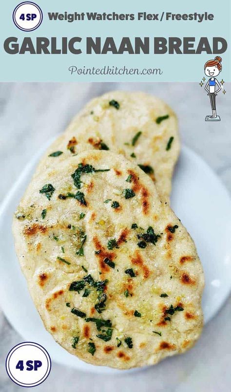 Two ingredient dough with a topping of olive oil, garlic and coriander makes this garlic naan bread 4 Smart Points on Weight Watchers Flex / Freestyle plan. You'll never buy shop brought naan again! #ww #weightwatchers #flex #freestyle #wwflex #wwfreestyle #smartpoints #fakeaway #2ingredientdough #naan Weight Watchers Pasta Recipes, Garlic Naan Bread, Ww Meal Plan, Two Ingredient Dough, Weight Watchers Pasta, Ww Lunch, Recipes With Naan Bread, Weight Watchers Snacks, Weight Watchers Chicken