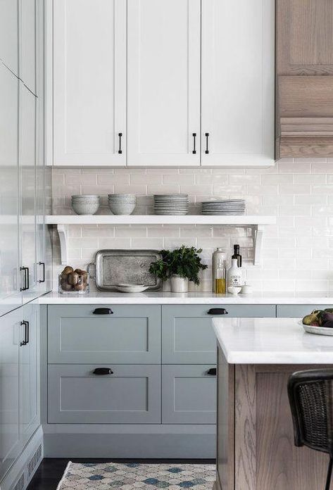 Soft blue gray kitchen cabinets are so stunning and love the mix of painted cabinets with wood cabinets as well #kitchen #bluegraycabinets #ikeakitchen Blue Gray Kitchen Cabinets, Grey Blue Kitchen, Blue Kitchen Cabinets, Kitchen Cabinets Decor, Home Luxury, Grey Kitchen Cabinets, Kitchen Cabinet Colors, Kitchen Marble, Grey Kitchen