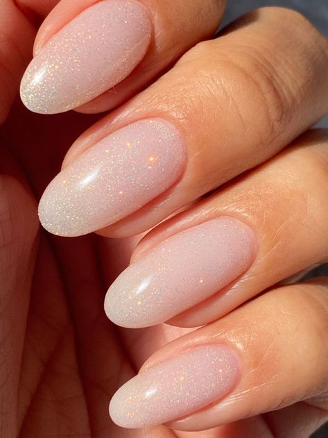 Bubble Bath With Sparkle Nails, Sparkly Blush Nails, Funny Bunny Sparkle Nails, Bubble Bath Nails With Sparkles, Subtle Pink Sparkle Nails, Shimmery Gel Nails, Translucent Sparkle Nails, Cream Sparkly Nails, Sparkly Pale Pink Nails