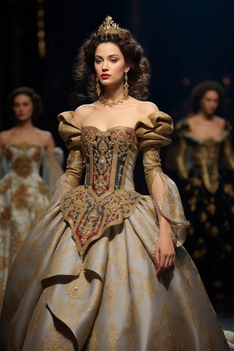 Fantasy Queen Wedding Dress, Princess Outfits Royal Medieval, Royalty Dresses Gowns, Victorian Gown Aesthetic, Queen Gowns Royal, Royal Dresses Queens Gowns, Royal Dresses Queens, Princess Dress Medieval, Fantasy Ballgown