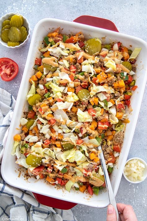 Healthy Big Mac, Big Mac Casserole, Burger Casserole, Big Mac Burger, Mac Burger, Quick Gluten Free Meals, Healthy Burger, Dairy Free Dinner, Burger Toppings