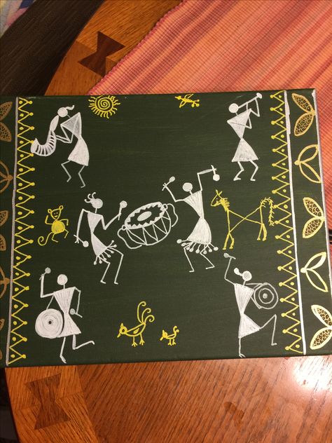 Warli painting, musicians & animals Warli Musicians, Cover Page For Project, Composition Painting, Creative Embroidery, Cover Pages, Fabric Painting, Wall Painting, Crafts For Kids, Projects To Try