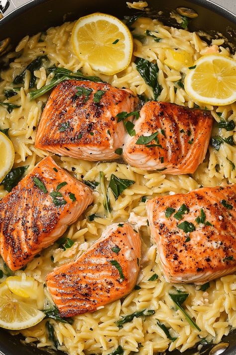 One Skillet Salmon with Lemon Orzo Seared Salmon With Lemon Orzo, Salmon Recipes With Veggies, Creamy Lemon Garlic Orzo With Salmon, Easy Salmon And Shrimp Recipes, One Pan Fish Recipes, Dinner Salmon Ideas, Best Salmon Dishes, Salmon Pasta Dinner, Easy Delicious Salmon Recipes