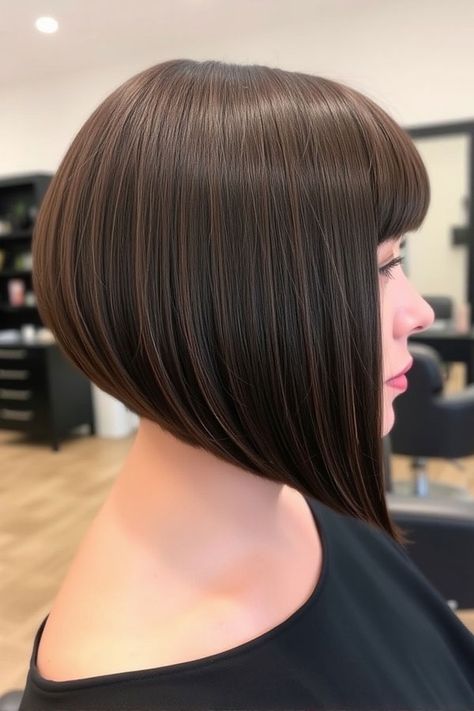 Sleek A-Line Bob with Blunt Bangs A Line With Bangs, Short Inverted Bob With Bangs, Aline Bob With Bangs, Brown Hair Long Bob, Angled Bob With Bangs, A Line Bob With Bangs, Angular Bob, Wavy Lob Haircut, Short Wedge Hairstyles