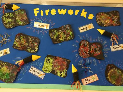 Display board based on fireworks. All pictures were made from using toilet rolls cut at one end and then fanned out. Topic words and sounds for the children to recognise. Firework Display Board, Display Boards, Fireworks Display, Display Board, Toilet Roll, Early Years, Fireworks, All Pictures, Rolls