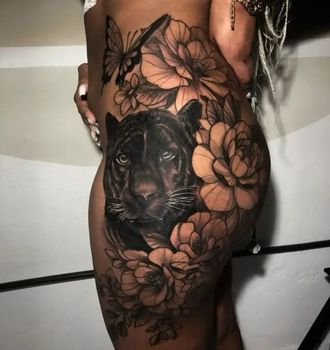 19 Hip and Thigh Tattoo Ideas for Women: Unleashing Your Artistic Expression Big Side Leg Tattoos Women, Tiger Thigh Tattoo For Black Women, Cat Hip Tattoo, Hip Tattoo Big, Thigh Cover Up Tattoo, Black Panther Tattoo For Women, Panther Tattoo For Women, Big Thigh Tattoos, Big Cover Up Tattoos For Women