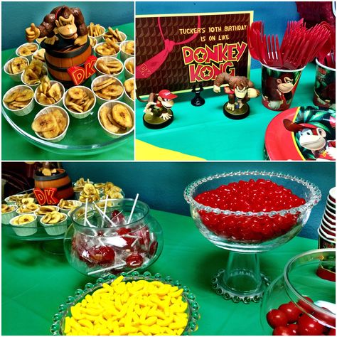 Donkey Kong Birthday Donkey Kong Food Ideas, Donkey Kong Birthday Party, Donkey Kong Party, Hamburger Party, Netflix Party, 30th Ideas, Mario Kart Party, Nintendo Party, Baby Birthday Themes