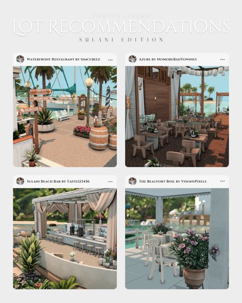 F a r f a l l a ☁️ Sims 4 Sulani Lots, The Sims 4 Restaurant Ideas, Sims 4 Restaurant, Restaurant Layout, The Sims 4 Lots, Sims 4 House Plans, The Sims 4 Packs, Sims 4 Mm Cc, Waterfront Restaurant