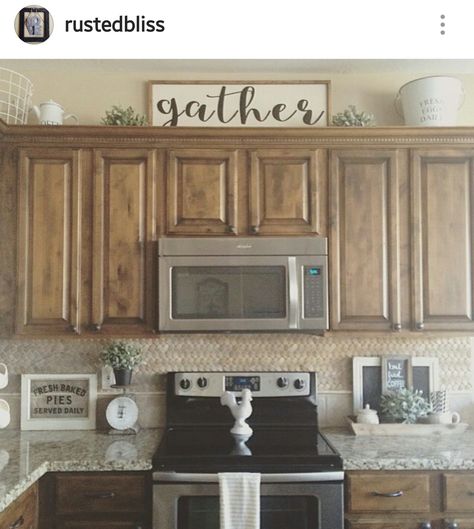 Gather sign Copper Kitchen Accents Decor, Above Cupboard Decor, How To Decorate Above Kitchen Cabinets, Above Cabinet Decor, Decor Above Cabinets, Top Of Kitchen Cabinets, Decorating Above Kitchen Cabinets, Gather Sign, Above Kitchen Cabinets