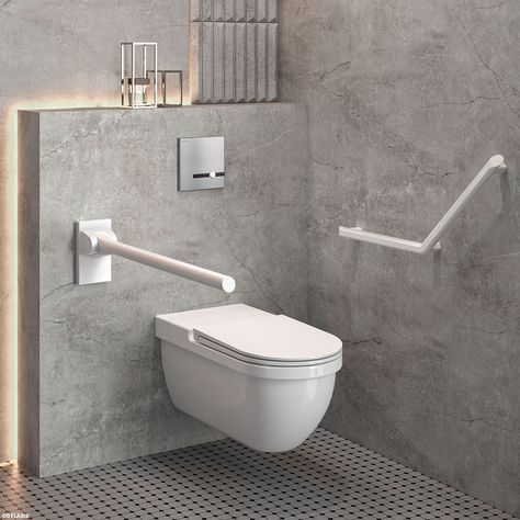 Installation example DELABIE - Accessible toilets for Hotels Drømme Bad, Accessible Bathroom Design, Disabled Bathroom, Ada Bathroom, Wc Design, Restroom Design, Accessible Bathroom, Hospital Design, Back To Wall Toilets