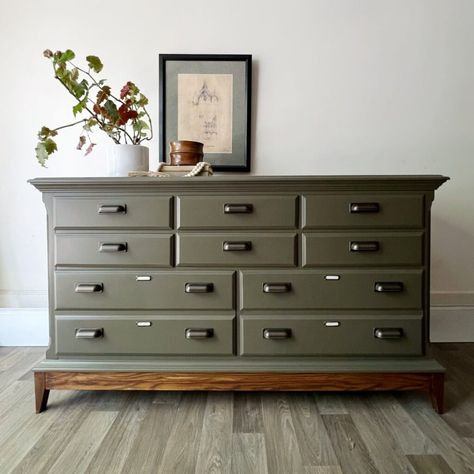 Spray Paint Outdated Door Knobs for a Huge Impact - Oak & Grain Home Green Painted Dresser, Secretary Desk Makeover, Craftsman Style Doors, Red Paint Colors, Guest Bedroom Makeover, Green Dresser, Blue Green Paints, Transforming Furniture, Painted Dresser