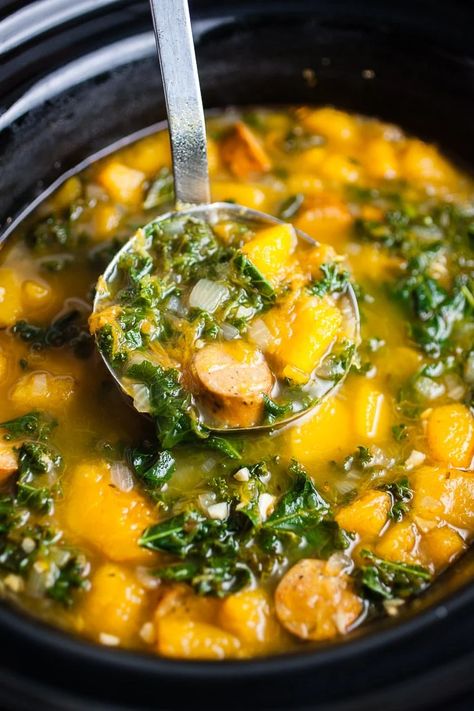 Crockpot Butternut Squash, Sausage, and Kale Soup Squash And Sausage Soup, Butternut Squash Sausage Soup, Sausage Soup Crockpot, Crockpot Butternut Squash, Butternut Squash And Sausage, Squash Sausage, Healthy Fall Soups, Butternut Squash Sausage, Dinner Videos