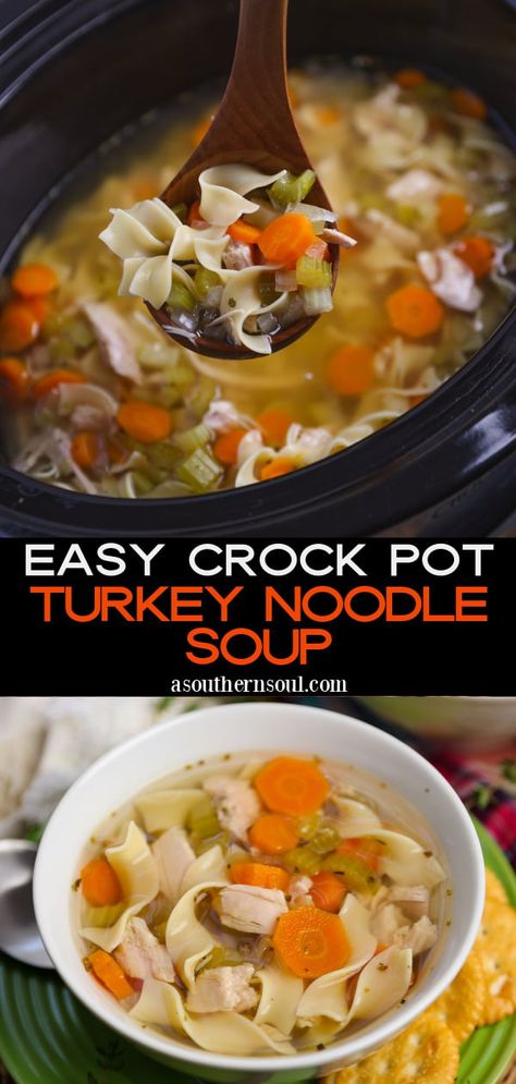 Turkey Soup Crockpot, Soul Recipes, Turkey Noodle Soup, Soup Crockpot, Turkey Leftovers, Turkey Soup Recipe, Crockpot Turkey, Slow Cooker Turkey, Turkey Soup