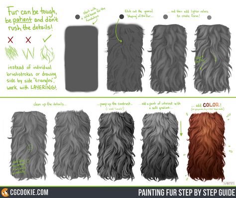 Very simple and clear steps for How to paint Fur step by step guide: https://cgcookie.com/exercise/exercise-45-short-and-long-fur/#exercise Draw Fur, Fur Drawing, Drawing Fur, How To Draw Fur, Painting Fur, Draw Realistic, Animal Fur, Digital Painting Tutorials, Poses References