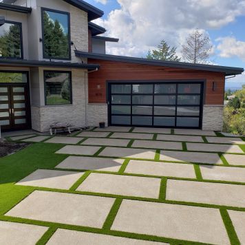 20190924_135218 Front Yard Parking Pad, Turf Design Ideas, Large Paver Driveway, Front Walkway Pavers, House Driveway Ideas, Green Driveways, Modern Driveway Design, Modern Driveway Ideas, Grass Pavers Driveway