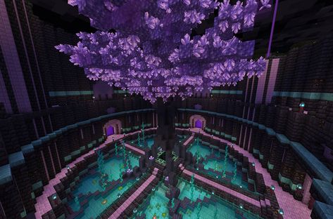 Minecraft Floating House Ideas, End Island Minecraft, End Dimension Builds Minecraft, Purple Aesthetic Minecraft, Minecraft Underground City Ideas, Cave Designs Minecraft, Cool Minecraft Mega Bases, Minecraft End Island Transformation, Stronghold Minecraft Ideas