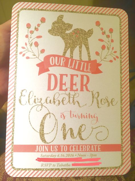 First Birthday Party Invitation. Baby girl deer theme. Coral and Gold Baby Girl Ideas, Deer Birthday Party, Deer Birthday, Deer Theme, Birthday Party Girl, Deer Horns, 1st Birthday Themes, Woodland Birthday