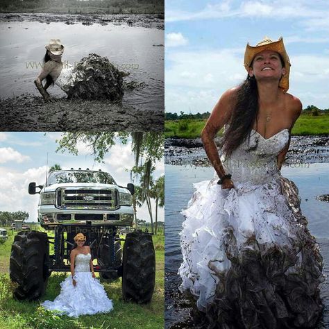 Mud, trucks and a good hat! This is me! Country Wedding Pictures, Country Style Wedding Dresses, Camo Wedding Dresses, Country Western Wedding, Western Themed Wedding, Country Wedding Cakes, Country Style Wedding, Country Theme Wedding, Camo Wedding