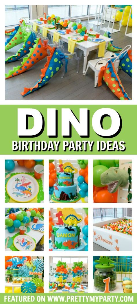 Colorful Dino 1st Birthday Party Ideas Dino 1st Birthday Party, Dino 1st Birthday, 1st Birthday Party Ideas, 1st Birthday Party Favors, Dinosaur Birthday Cakes, Dinosaur Themed Birthday Party, Boy Birthday Party Themes, Dino Birthday Party, Birthday Party Design