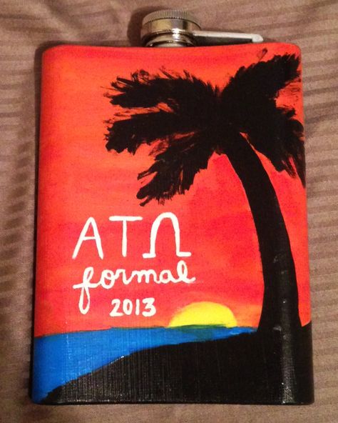 hand painted flask - ATO formal; beach sunset silhouette Formal Flask, Painted Flask, Frat Formal, Carolina Cup, Formal Cooler, Cedar Key, Beach Formal, Cooler Ideas, Frat Coolers