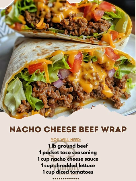 🌮🥩 Wrap up your cravings with this cheesy sensation! #NachoCheeseWrap #BeefyBites 🍽️ Nacho Cheese Beef Wrap 🛒 Ingredients: 1 lb ground beef 1 packet taco seasoning 1 cup nacho cheese sauce 1 cup shredded lettuce 1 cup diced tomatoes 1 cup shredded cheddar 4 large tortillas 👩‍🍳 Instructions: Cook Beef: In a skillet, cook ground beef with taco seasoning until browned. Assemble Wraps: Spread nacho cheese sauce on tortillas. Add beef, lettuce, tomatoes, and cheddar. Wrap & Serve: Fold tortill... Nachos With Ground Beef And Cheese, Nacho Beef Folded Wrap, Wraps Recipes Beef, Ground Beef Wrap, Nacho Cheese Beef Wrap Recipe, Nacho Cheese Beef Wrap, Beef Tortilla Wraps, Ground Beef Wraps, Wrap Sandwich Ideas