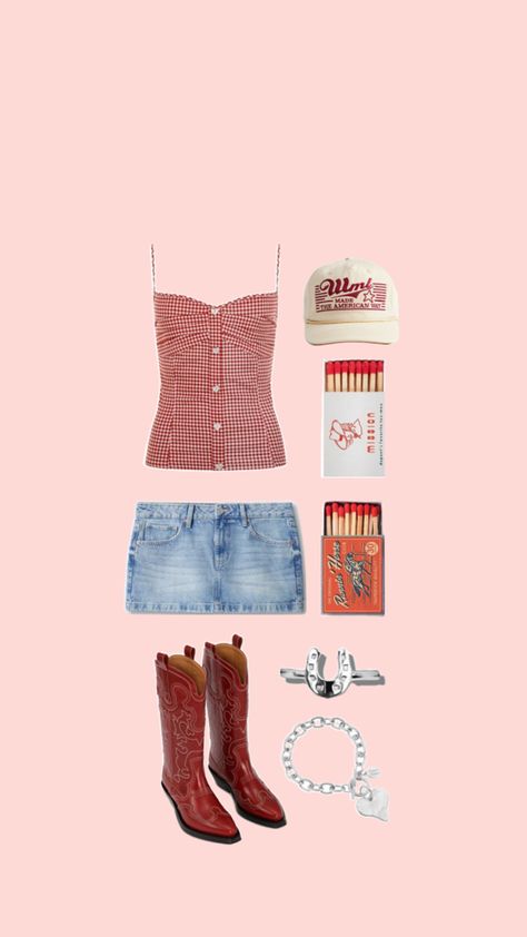 red boots and gingham top and denim mini shirt Country Concert Outfit Red Boots, Stagecoach Outfit, Gingham Top, Outfit Red, Country Concert Outfit, Country Concerts, Country Concert, Gingham Tops, Red Boots