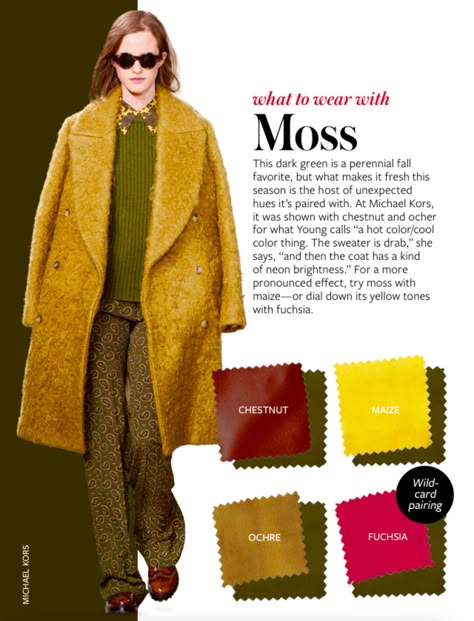 MOSS Instyle What to Wear Moss Green Color Combinations, Moss Green Outfit, Instyle Color Crash Course, Color Crash Course, Green Clothes, Autumn Color Palette, Colour Combinations Fashion, Color Coordination, Color Combos Outfit