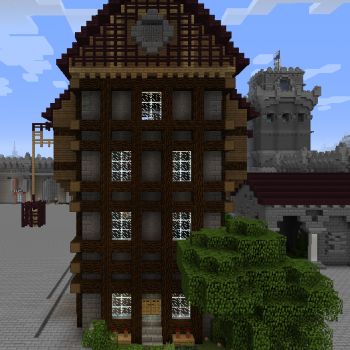 Medieval Hotel Minecraft, Minecraft Manor, Minecraft Hotel, Minecraft Idea, Minecraft Castle, Brick Fence, Minecraft Medieval, Birch Leaf, Minecraft City