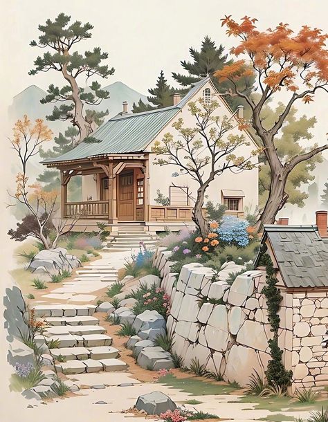 Cottage Concept Art, Ancient Korean Art, Fountain Architecture, Watercolor Scenery, Pretty Cottage, Butterfly Art Painting, Ancient Paintings, Building Illustration, Cactus Painting