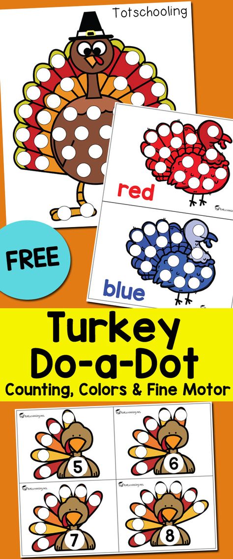 FREE printable Thanksgiving activity for toddlers and preschoolers using dot markers. Featuring turkey themed pages that also work on colors, counting and number recognition. Fun for a Fall preschool math center! Preschool Math Center, Thanksgiving Centers, Thanksgiving Activities For Kindergarten, Preschool Math Centers, Thanksgiving Activities Preschool, Thanksgiving Crafts For Toddlers, Thanksgiving Toddler, Free Printable Thanksgiving, Thanksgiving Lessons