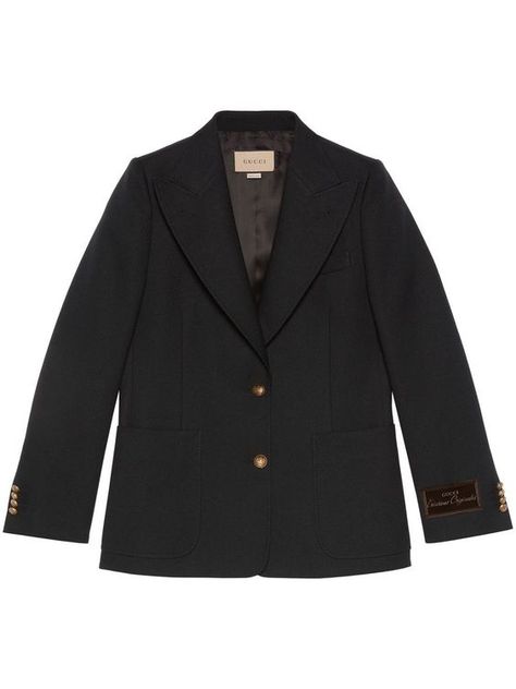 Winter Gucci Tweed Jacket, Tailored Gucci Blazer For Fall, Gucci Long Sleeve Wool Blazer, Gucci Wool Long Sleeve Blazer, Elegant Black Gucci Blazer, Gucci Business Blazer With Lapel Collar, Gucci Single-breasted Fall Blazer, Gucci Blazer With Lapel Collar For Business, Gucci Single-breasted Blazer For Fall