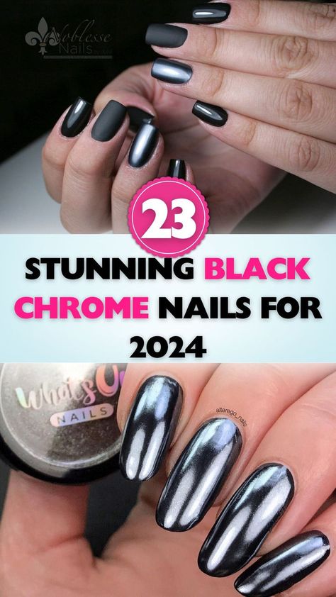 Get inspired by these stunning black chrome nails perfect for 2024's fashion scene. Chrome Black Nails, Black Chrome Nail, Black And Chrome Nails, Chrome Nail Ideas, Black Chrome Nails, Chrome Nail, Nail Patterns, Black Chrome, Chrome Nails