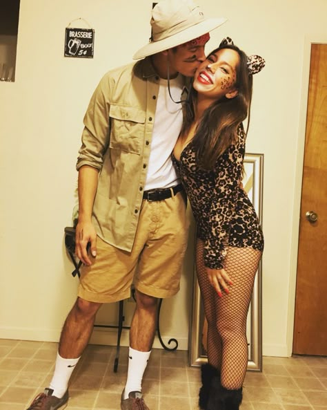 Hunter and his catch  #halloween #hunter #zookeeper #leopard #love Leopard And Zoo Keeper Costume, Hunter And Cheetah Costume, Lion And Safari Couple Costume, Leopard And Hunter Costume, Cougar Hunter Halloween Costume, Cougar Couple Costume, Cave Couple Costume, Jungle Costume Couple, Cheetah And Safari Couple Costume