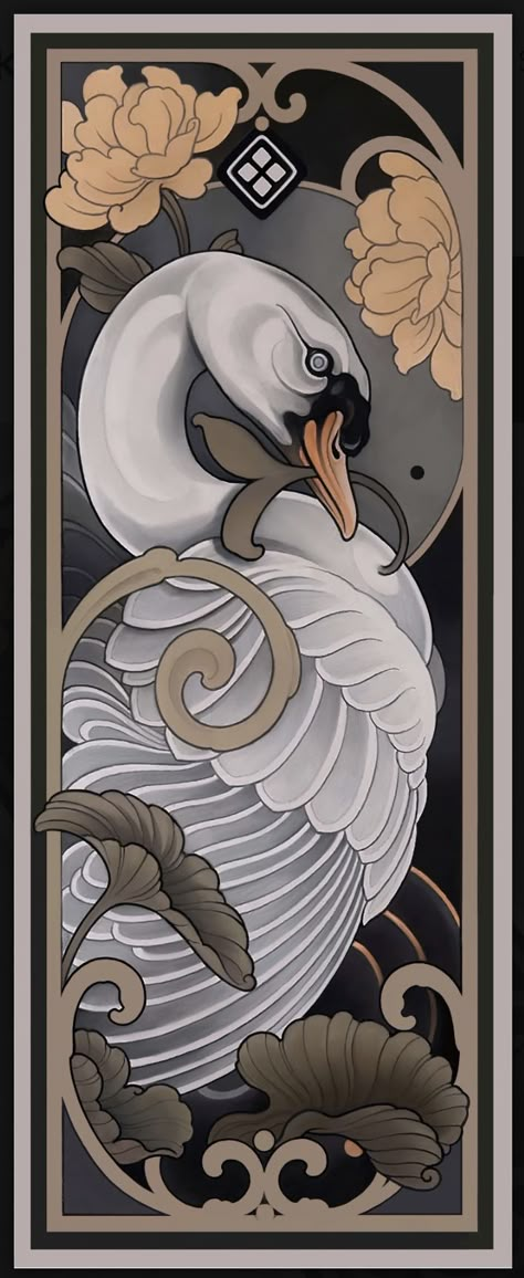 Art Nouveau Swan Tattoo, Art Nouveau Swan, Art Nouveau Japanese, Neo Traditional Painting, Swan Art Drawing, Japanese Swan Tattoo, Art Nouveau Bird Tattoo, Traditional Swan Tattoo, Japanese Crane Drawing