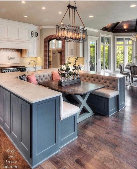 Nov 17, 2019 - Would be so cool to make in dining room, not full u shape though. With storage in the seats. Kitchen Island With Bench Seating, Interior Design Per La Casa, Kitchen Island Table, Kitchen Seating, Kitchen Island With Seating, Kitchen And Dining Room, Dream House Rooms, Open Concept Kitchen, Trendy Kitchen